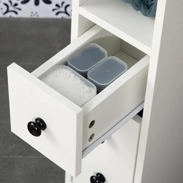 Alt view image 4 of 7 - Slimline Bathroom Storage Unit w/ 2 Drawers 2 Open Compartments Wheels White