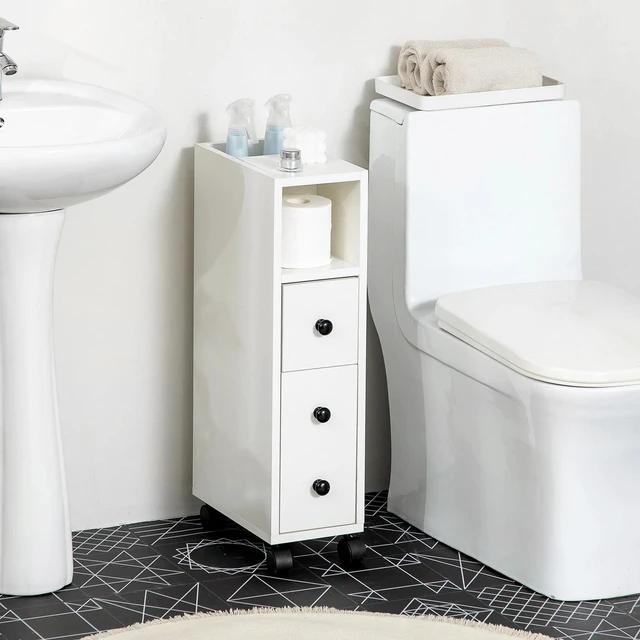 Alt view image 3 of 7 - Slimline Bathroom Storage Unit w/ 2 Drawers 2 Open Compartments Wheels White