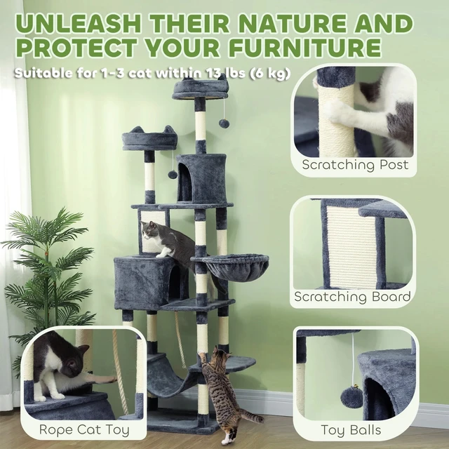 Alt view image 3 of 7 - 81" Large Cat Tree w/ Scratching Posts, Dark Grey