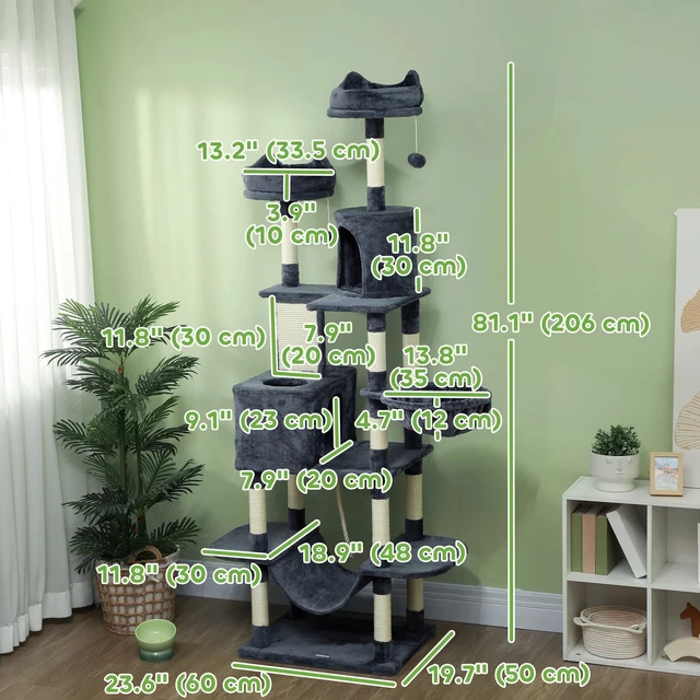 Alt view image 2 of 7 - 81" Large Cat Tree w/ Scratching Posts, Dark Grey