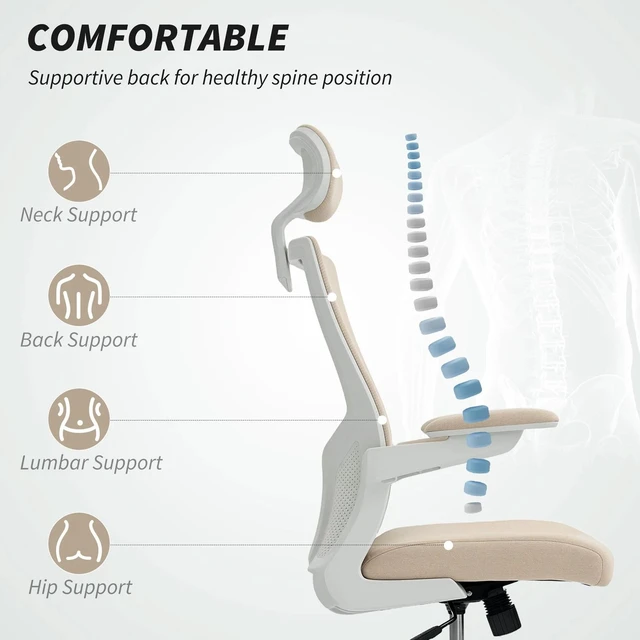 Alt view image 7 of 7 - Ergonomic Office Chair, Desk Chair with Adjustable Headrest, Beige