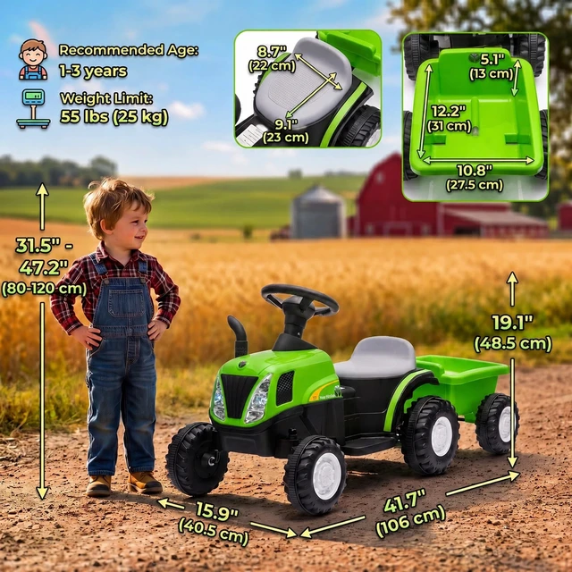 Alt view image 5 of 7 - 2 in 1 Kids Ride On Tractor with Detachable Trailer for 1-3, Green