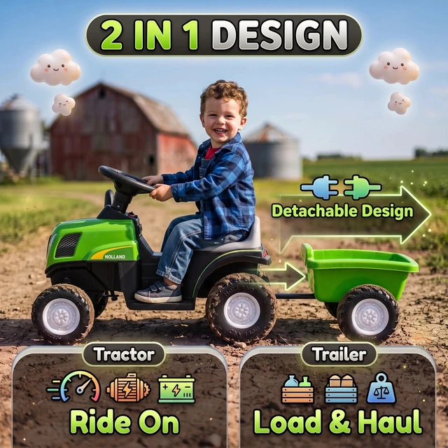 Alt view image 2 of 7 - 2 in 1 Kids Ride On Tractor with Detachable Trailer for 1-3, Green