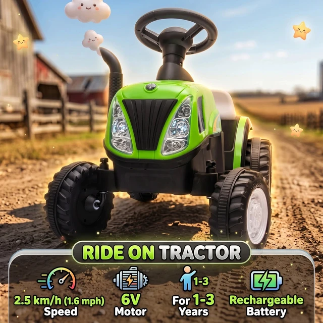 Alt view image 6 of 7 - 2 in 1 Kids Ride On Tractor with Detachable Trailer for 1-3, Green