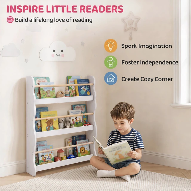 Alt view image 5 of 7 - Kids Bookshelf, Wall Mounted 3 Tier Toddler Bookshelf White