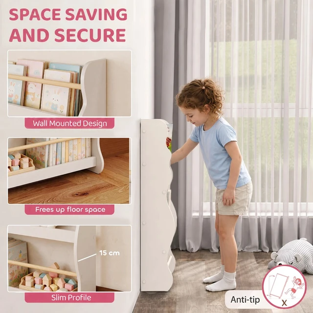 Alt view image 3 of 7 - Kids Bookshelf, Wall Mounted 3 Tier Toddler Bookshelf White