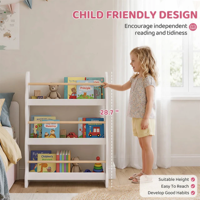 Alt view image 4 of 7 - Kids Bookshelf, Wall Mounted 3 Tier Toddler Bookshelf White
