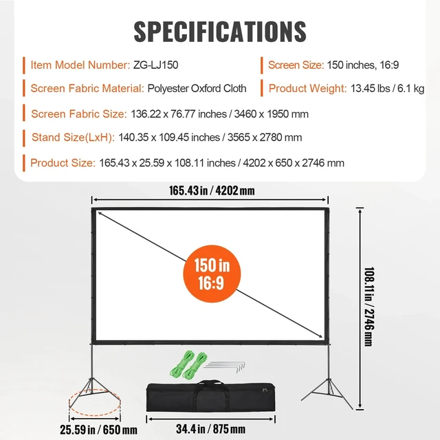 Alt view image 5 of 7 - Projector Screen with Stand 150 inch 16:9 4K 1080 HD Movie Screen Tripods