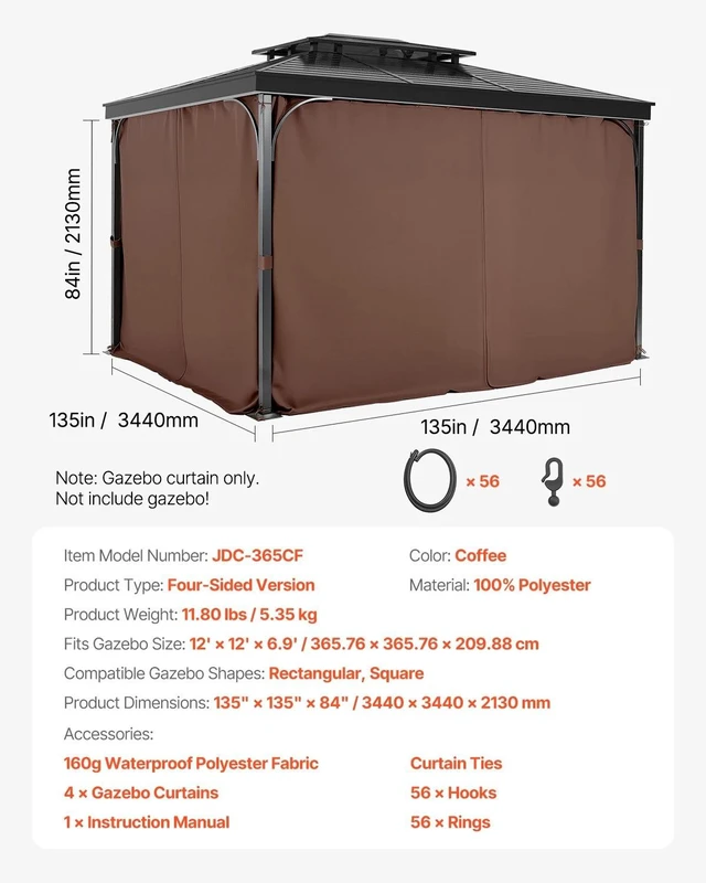 Alt view image 7 of 7 - Gazebo Privacy Curtain 12' x 12' x 6.9' Waterproof Gazebo Curtains Coffee