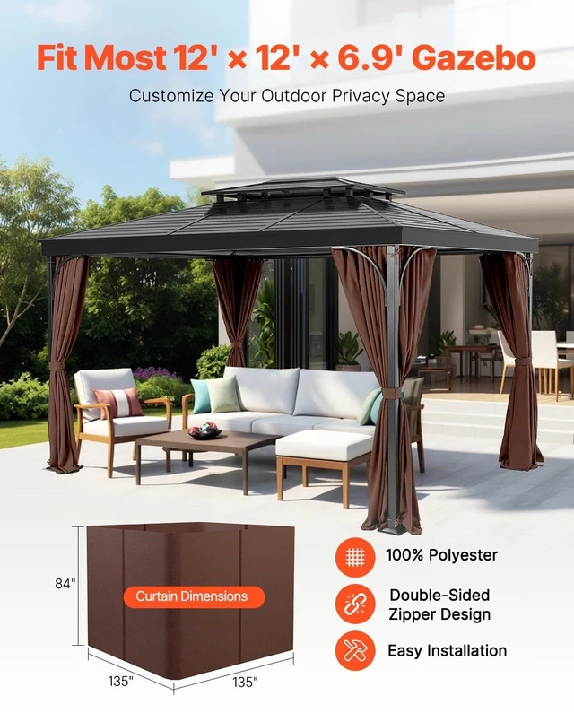 Alt view image 6 of 7 - Gazebo Privacy Curtain 12' x 12' x 6.9' Waterproof Gazebo Curtains Coffee