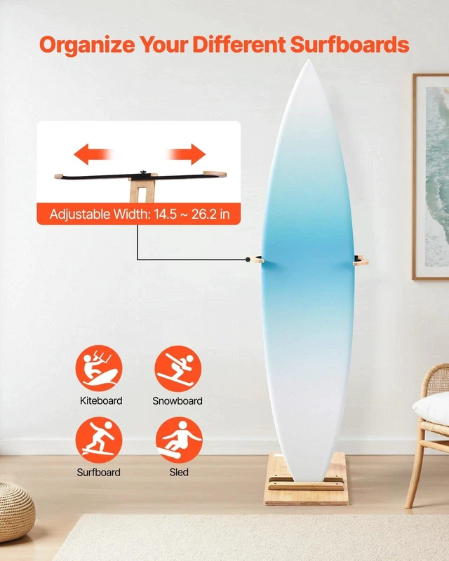 Alt view image 2 of 7 - Vertical Surfboard Stand Adjustable Wooden Rack for Storage and Display