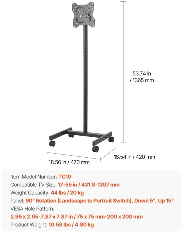 Alt view image 7 of 7 - Rolling TV Stand Mobile TV Cart Holds Up to 44 lbs for 17-55 Inch Screens