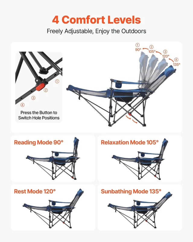 Alt view image 3 of 7 - Reclining Camping Chair Portable Folding Lounger for Adult Heavy Duty Blue