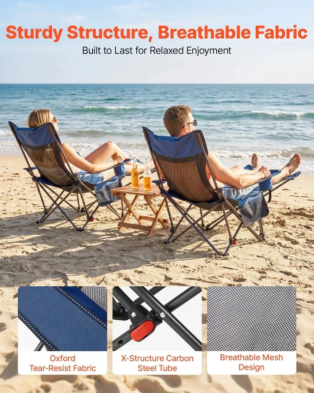 Alt view image 4 of 7 - Reclining Camping Chair Portable Folding Lounger for Adult Heavy Duty Blue