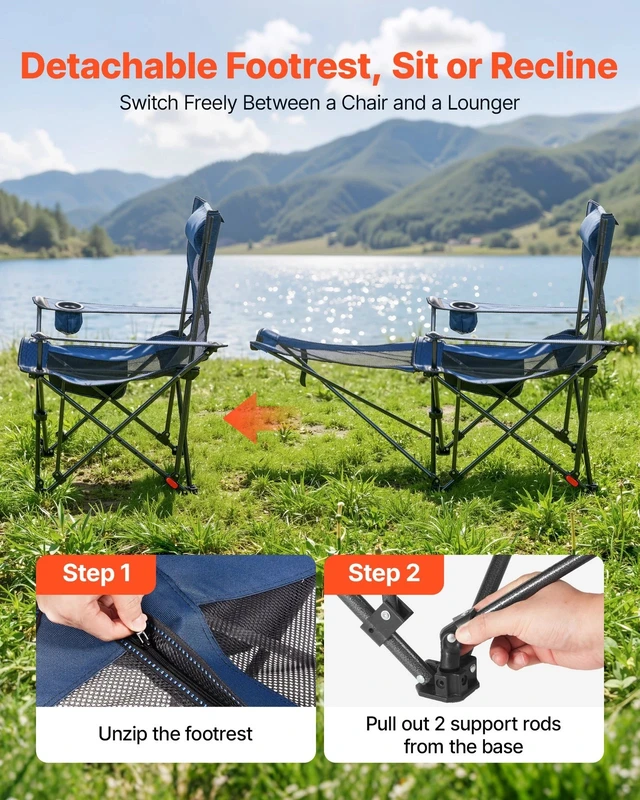 Alt view image 6 of 7 - Reclining Camping Chair Portable Folding Lounger for Adult Heavy Duty Blue