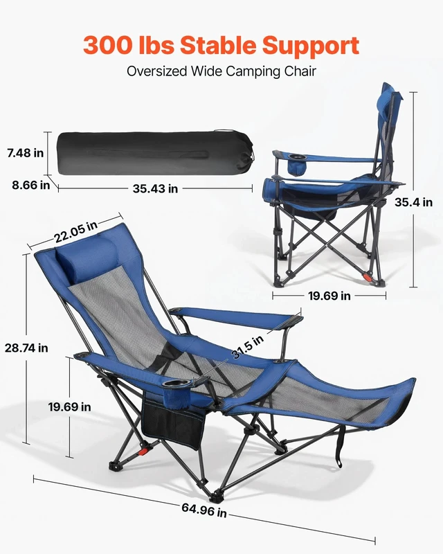 Alt view image 5 of 7 - Reclining Camping Chair Portable Folding Lounger for Adult Heavy Duty Blue