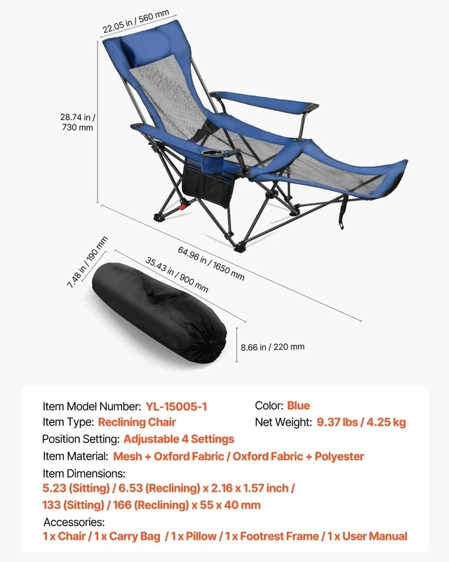 Alt view image 7 of 7 - Reclining Camping Chair Portable Folding Lounger for Adult Heavy Duty Blue