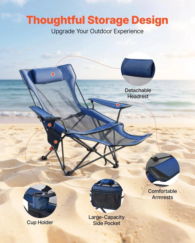 Alt view image 2 of 7 - Reclining Camping Chair Portable Folding Lounger for Adult Heavy Duty Blue