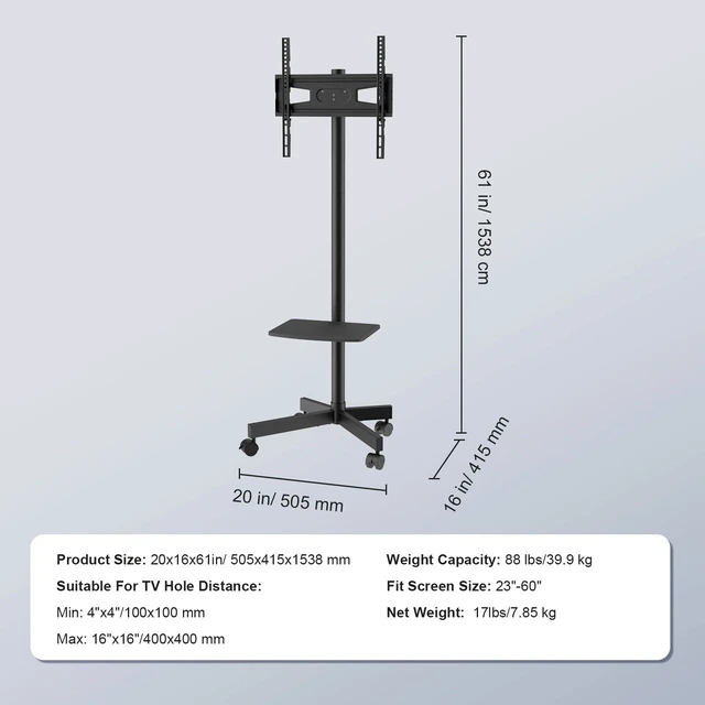 Alt view image 4 of 7 - Mobile TV Stand Mobile TV Cart for 23"-60" TVs with Wheels & A Tray