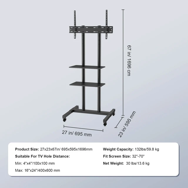 Alt view image 6 of 7 - Mobile TV Stand Mobile TV Cart for 32"-70" TVs with Wheels & A Tray