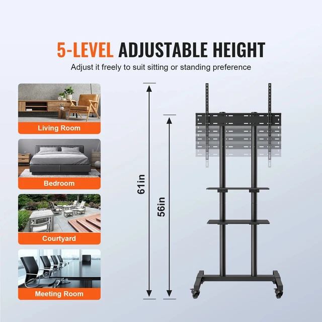 Alt view image 5 of 7 - Mobile TV Stand Mobile TV Cart for 32"-70" TVs with Wheels & A Tray