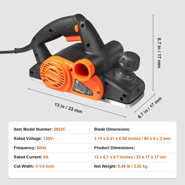 Alt view image 7 of 7 - Hand Planer Corded Electric Hand Planer 3-1/4" 16500 RPM Woodworking DIY