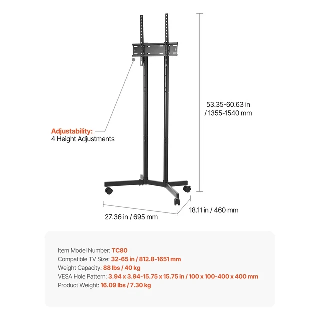 Alt view image 7 of 7 - Rolling TV Stand Mobile TV Cart Holds Up to 88 lbs for 32-65 Inch Screens