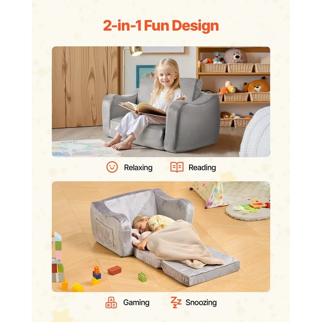 Alt view image 5 of 7 - 2-in-1 Kids Sofa Convertible Couch with Armrests, Gray