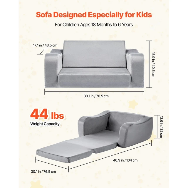 Alt view image 6 of 7 - 2-in-1 Kids Sofa Convertible Couch with Armrests, Gray