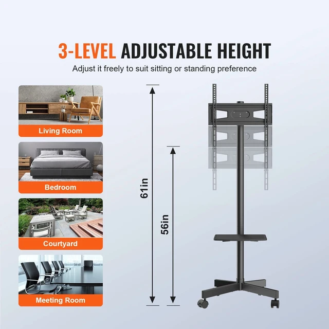 Alt view image 5 of 7 - Mobile TV Stand Mobile TV Cart for 23"-60" TVs with Wheels & A Tray