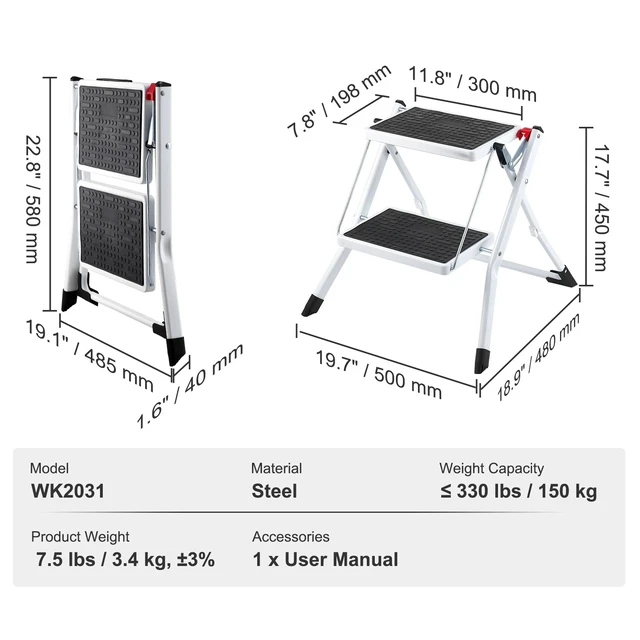 Alt view image 7 of 7 - Step Stool Ladder 2-Step Foldable 3 Adjustable Height Max Load 330lbs