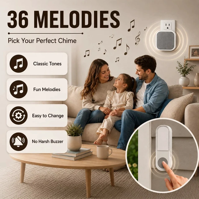Alt view image 4 of 7 - Wireless Doorbell, White, 1 Button & 2 Receivers, 36 Melodies