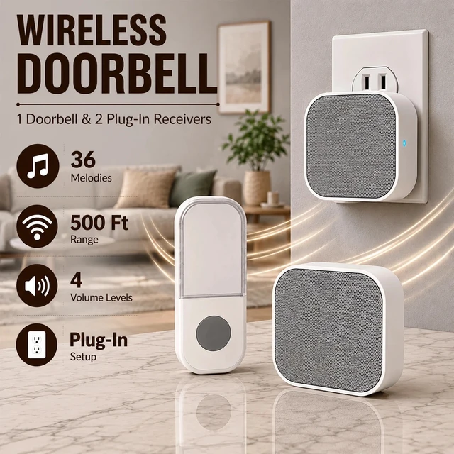 Alt view image 2 of 7 - Wireless Doorbell, White, 1 Button & 2 Receivers, 36 Melodies