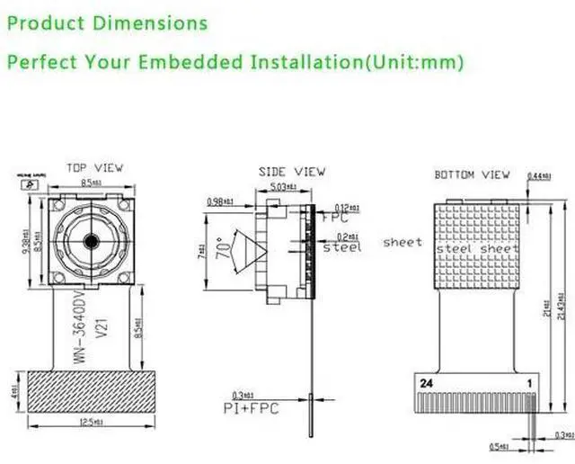 Alt view image 5 of 5 - 3MP HD 1/4.0-inch OV3640 CMOS Camera Module 2048x1536 FixedFocus 70 degree 24PIN DVP Interface for Product Vision