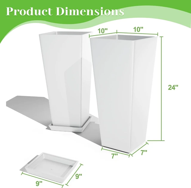 Alt view image 3 of 7 - FENCY Set of 2 Tall Planters for Outdoor Plants, 24 Inch Large Tapered Pots with Drainage Trays, Weather-Resistant Plastic Plant Containers for Patio, Porch, Garden, Front Door Decor,White