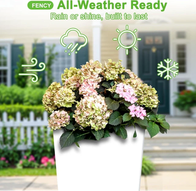 Alt view image 4 of 7 - FENCY Set of 2 Tall Planters for Outdoor Plants, 24 Inch Large Tapered Pots with Drainage Trays, Weather-Resistant Plastic Plant Containers for Patio, Porch, Garden, Front Door Decor,White