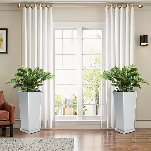 Alt view image 6 of 7 - FENCY Set of 2 Tall Planters for Outdoor Plants, 24 Inch Large Tapered Pots with Drainage Trays, Weather-Resistant Plastic Plant Containers for Patio, Porch, Garden, Front Door Decor,White