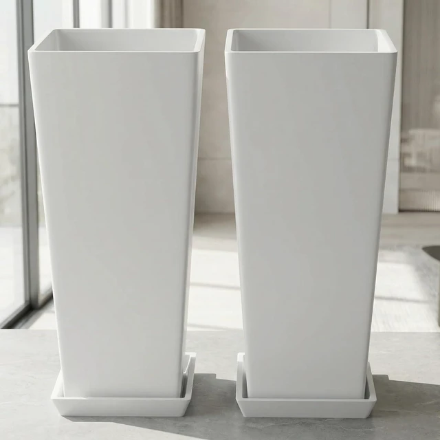 Alt view image 7 of 7 - FENCY Set of 2 Tall Planters for Outdoor Plants, 24 Inch Large Tapered Pots with Drainage Trays, Weather-Resistant Plastic Plant Containers for Patio, Porch, Garden, Front Door Decor,White