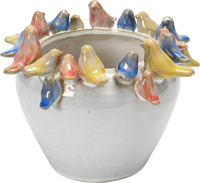 Main image of Creative Co-Op Stoneware Planter with Birds on Rim, Reactive Glaze
