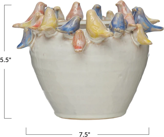 Alt view image 2 of 7 - Creative Co-Op Stoneware Planter with Birds on Rim, Reactive Glaze