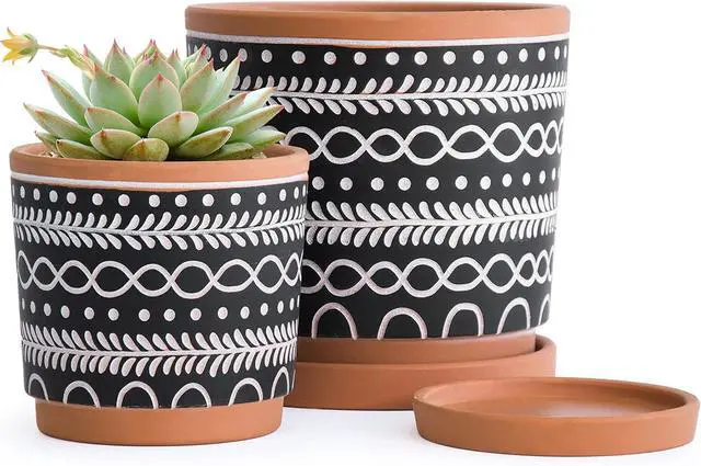 Main image of D'vine Dev Set of 2 Terracotta Pots, 4 Inch & 6 Inch, Planter Pots for Plants with Drainage Holes and Saucers, Terracotta/Black, 31-958-D-2