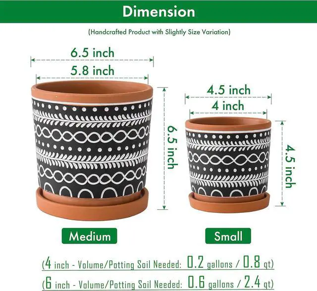Alt view image 3 of 7 - D'vine Dev Set of 2 Terracotta Pots, 4 Inch & 6 Inch, Planter Pots for Plants with Drainage Holes and Saucers, Terracotta/Black, 31-958-D-2