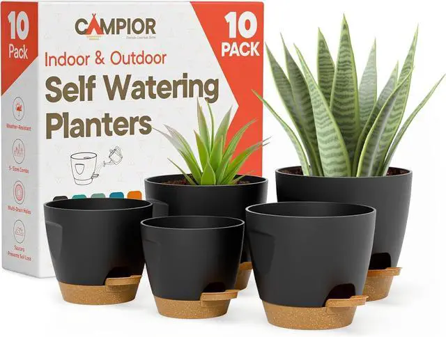 Main image of Black Self Watering Pots 10 Pack, Indoor and Outdoor Plant Pots with Wick Rope & Drainage Holes, Easy Watering Lip, Lightweight Plastic Self Watering Planter for Succulents, Houseplants, and Herbs