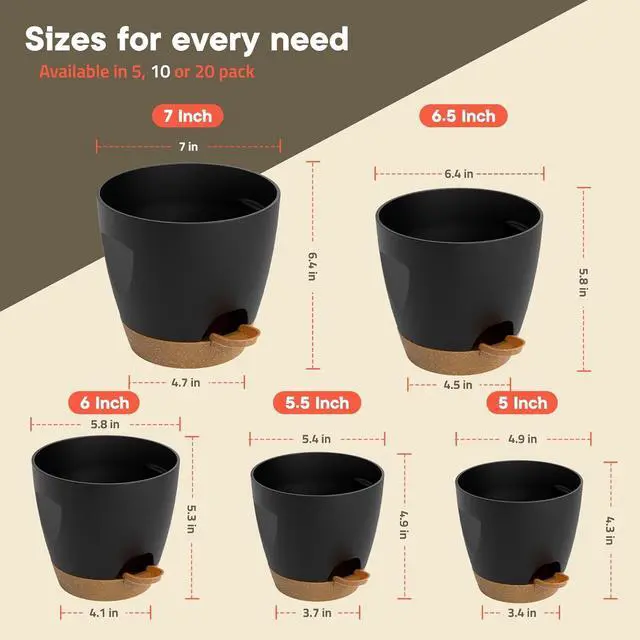 Alt view image 2 of 7 - Black Self Watering Pots 10 Pack, Indoor and Outdoor Plant Pots with Wick Rope & Drainage Holes, Easy Watering Lip, Lightweight Plastic Self Watering Planter for Succulents, Houseplants, and Herbs