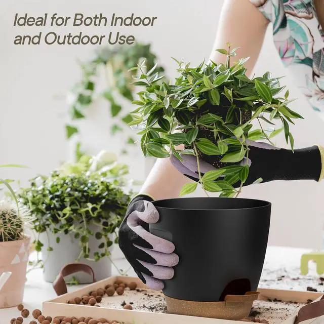 Alt view image 5 of 7 - Black Self Watering Pots 10 Pack, Indoor and Outdoor Plant Pots with Wick Rope & Drainage Holes, Easy Watering Lip, Lightweight Plastic Self Watering Planter for Succulents, Houseplants, and Herbs