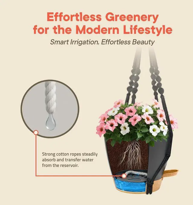 Alt view image 6 of 7 - Black Self Watering Pots 10 Pack, Indoor and Outdoor Plant Pots with Wick Rope & Drainage Holes, Easy Watering Lip, Lightweight Plastic Self Watering Planter for Succulents, Houseplants, and Herbs