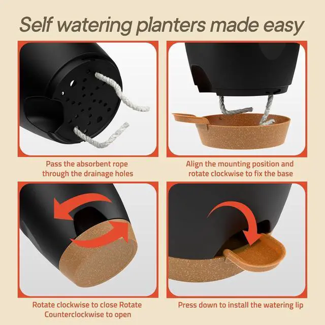 Alt view image 7 of 7 - Black Self Watering Pots 10 Pack, Indoor and Outdoor Plant Pots with Wick Rope & Drainage Holes, Easy Watering Lip, Lightweight Plastic Self Watering Planter for Succulents, Houseplants, and Herbs