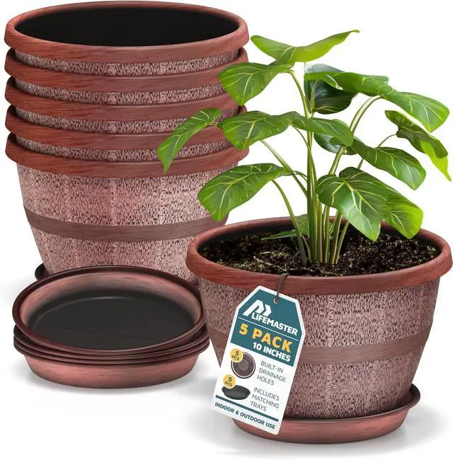 Main image of 10-Inch Whiskey Barrel Planters Outdoor Pack of 5 - Durable Plastic Plant Pots for Indoor & Outdoor Use with Drainage & Saucer, Lightweight Rustic Barrel Planters for Flowers, Herbs & Small Plants