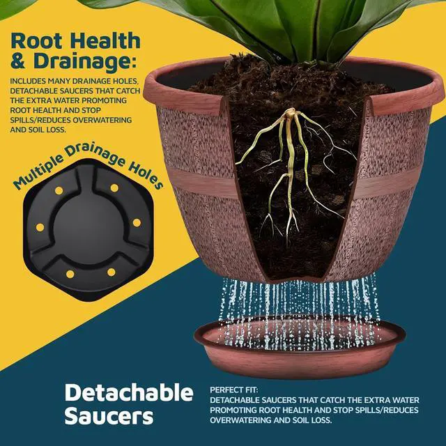 Alt view image 4 of 7 - 10-Inch Whiskey Barrel Planters Outdoor Pack of 5 - Durable Plastic Plant Pots for Indoor & Outdoor Use with Drainage & Saucer, Lightweight Rustic Barrel Planters for Flowers, Herbs & Small Plants