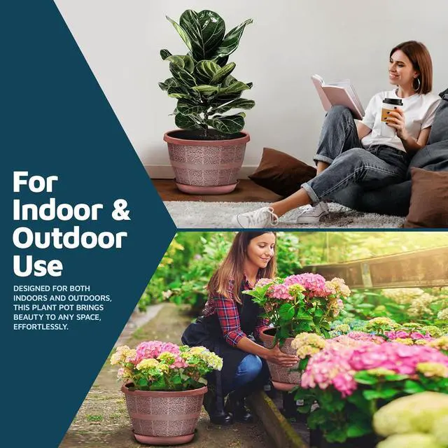 Alt view image 3 of 7 - 10-Inch Whiskey Barrel Planters Outdoor Pack of 5 - Durable Plastic Plant Pots for Indoor & Outdoor Use with Drainage & Saucer, Lightweight Rustic Barrel Planters for Flowers, Herbs & Small Plants